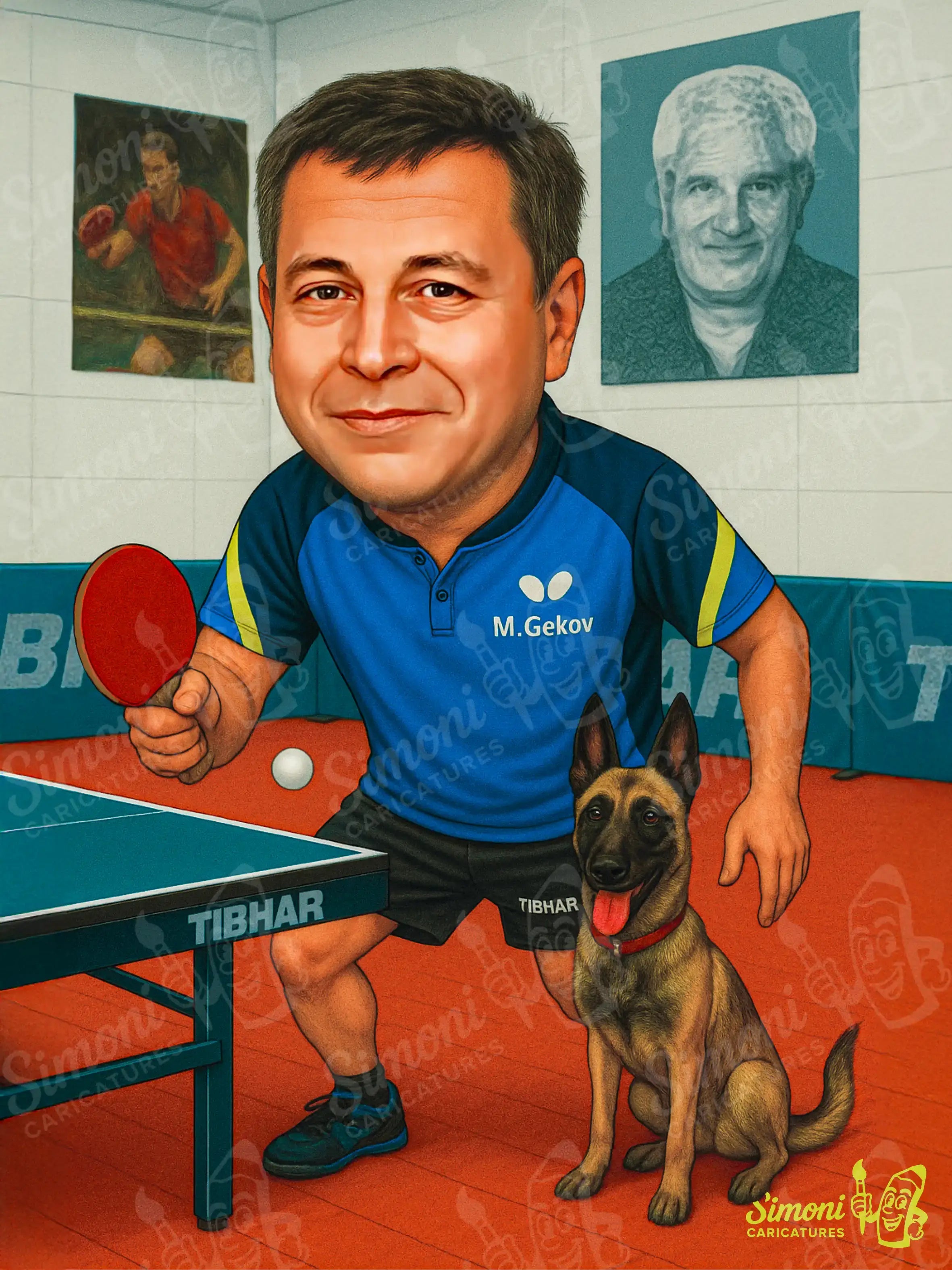 Карикатура на мъж играещ тенис на маса с куче до него в спортна зала, персонализиран портрет и тематични подаръци, Simoni Caricatures.